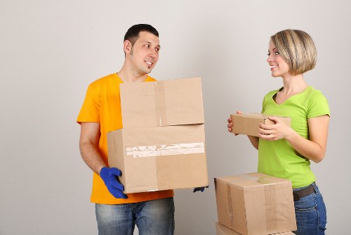 Packed business items and labels ready for a South Kensington relocation